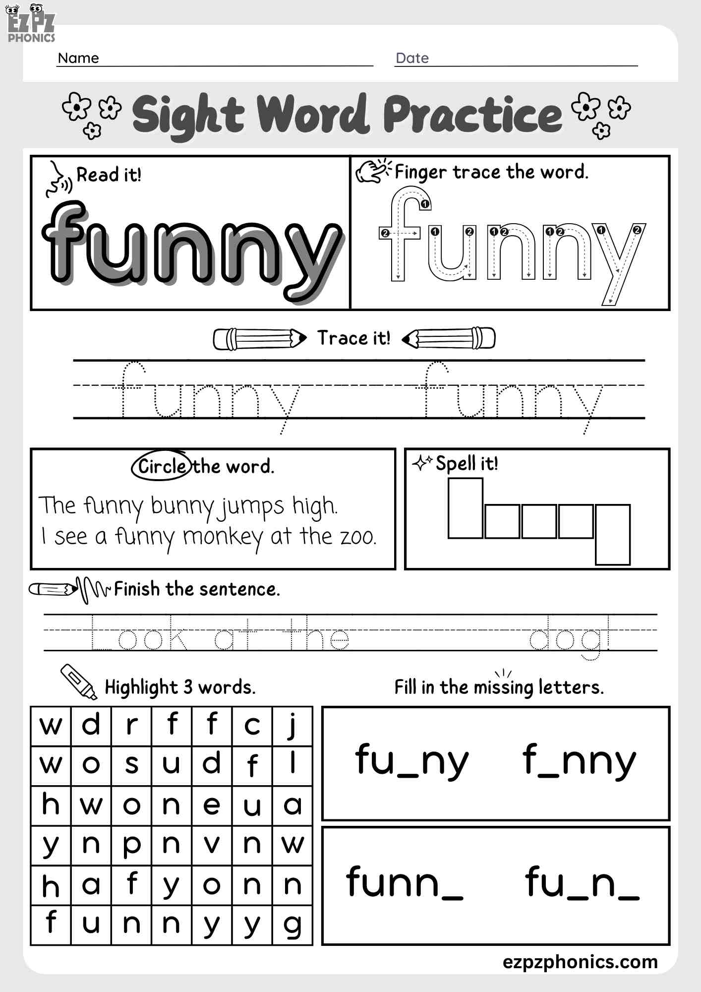 The Word "Funny" Dolch Sight Word Worksheet Activity for Pre-Kindergarten and Kindergarten Students PDF Download